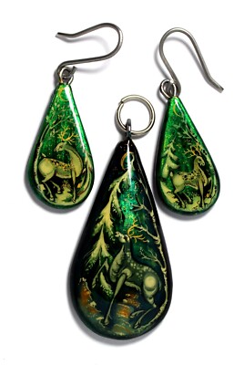 Vintage Russian Hand Painted Gorgeous Sets Earrings + Pendant 6 Variations #10