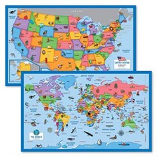 2 Pack - World  USA Map for Kids Illustrated - 2 18" x 29", LAMINATED