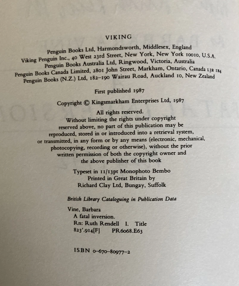 A Fatal Inversion Barbara Vine SIGNED & Personally Inscribed by Ruth Rendell 1st - Image 4 of 4