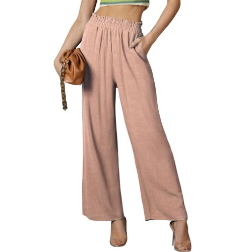 DOUBLJU Women's Elastic Waist Comfy Wide Leg Tan Linen Pants W/Pockets Sz. S