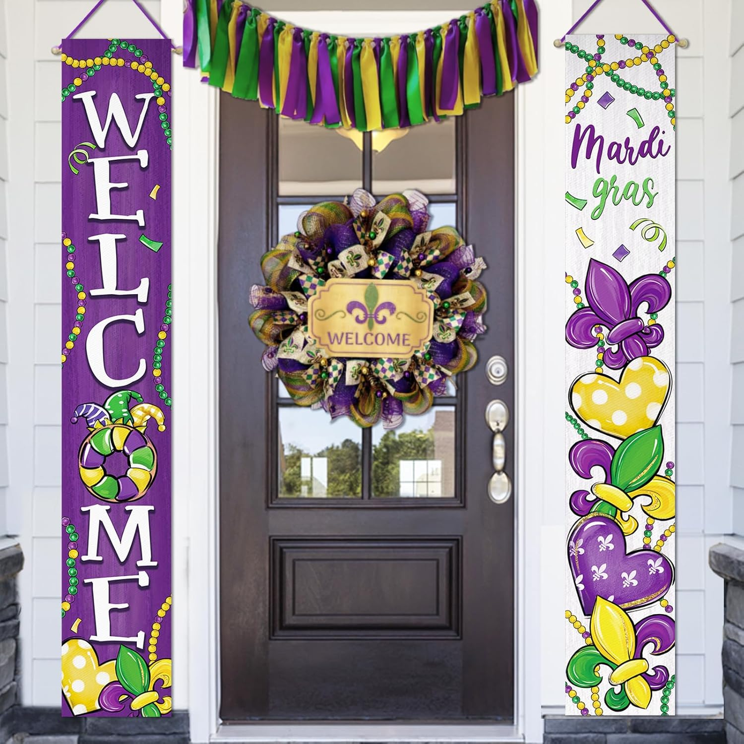 Welcome Mardi Gras Purple Porch Banner Sign, Fleur De Lis Love Heart New Orleans