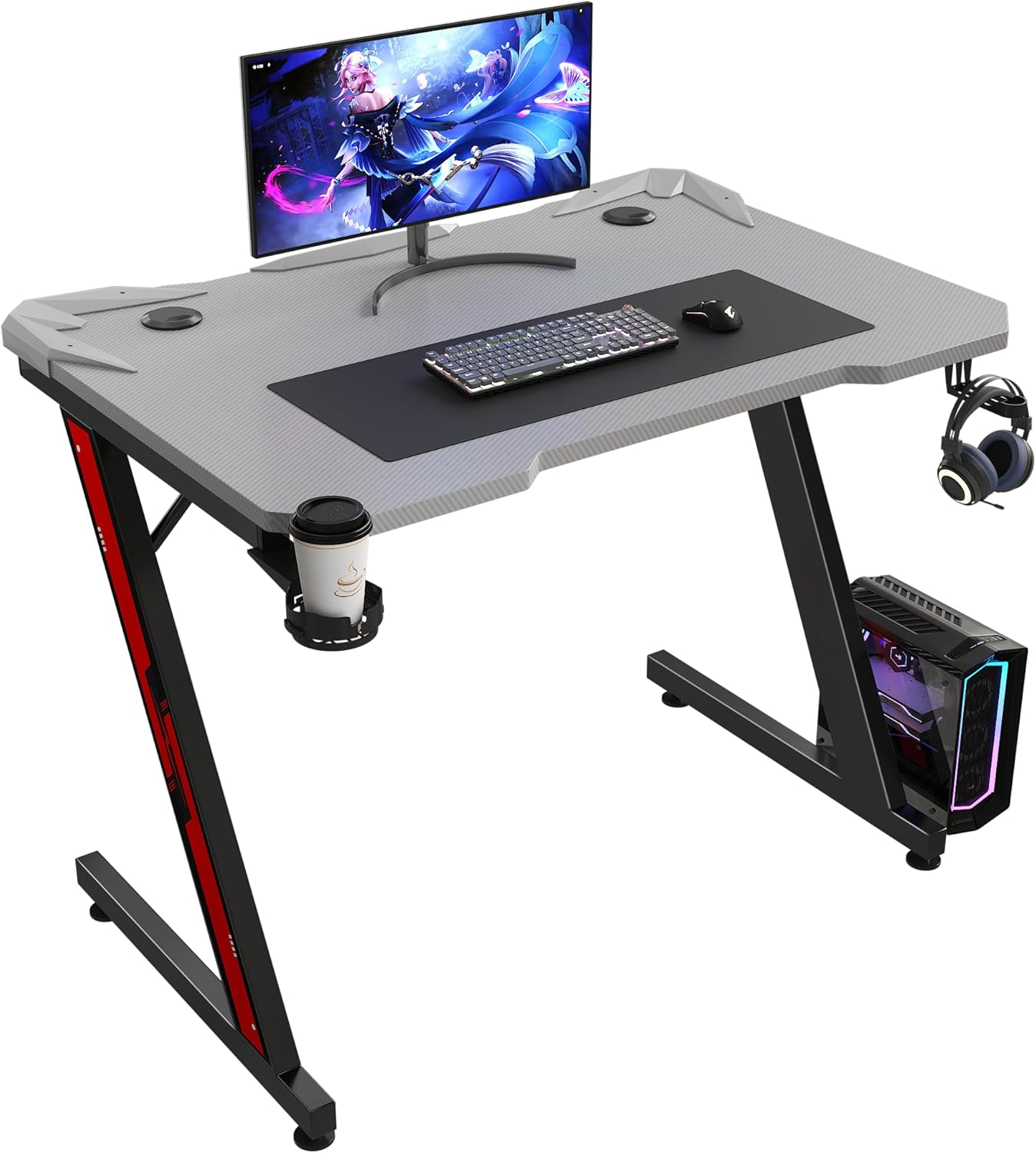 Gaming Computer Desk with Carbon Fiber Surface, Gaming Table Z Shaped Pc Home Of
