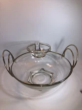 Vintage Jeanette Glass and Brass Chip & Dip Set with Hexagon Base- Brass Holder