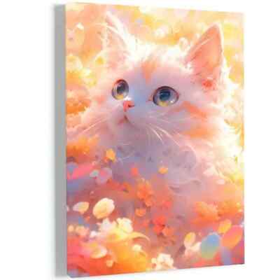 Elegant White Cat in Magical Flower Yard Wall Art  Canvas Unframed/Framed
