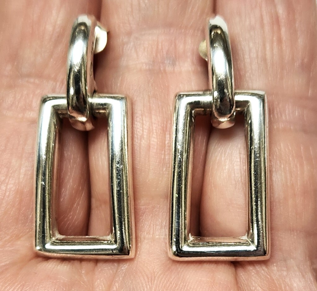 Sterling Silver Rectangle Hoop Drop Earrings 1.25… - image 1