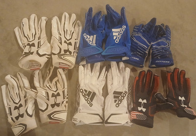 Lot of 6 Football Gloves White/Red/Blue Various Sizes Under Armour/Cutters/Adida
