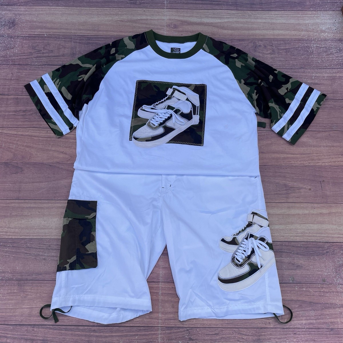 Vintage Raw Blue Camouflage Shirt + Shorts Hip Hop Set Streetwear 