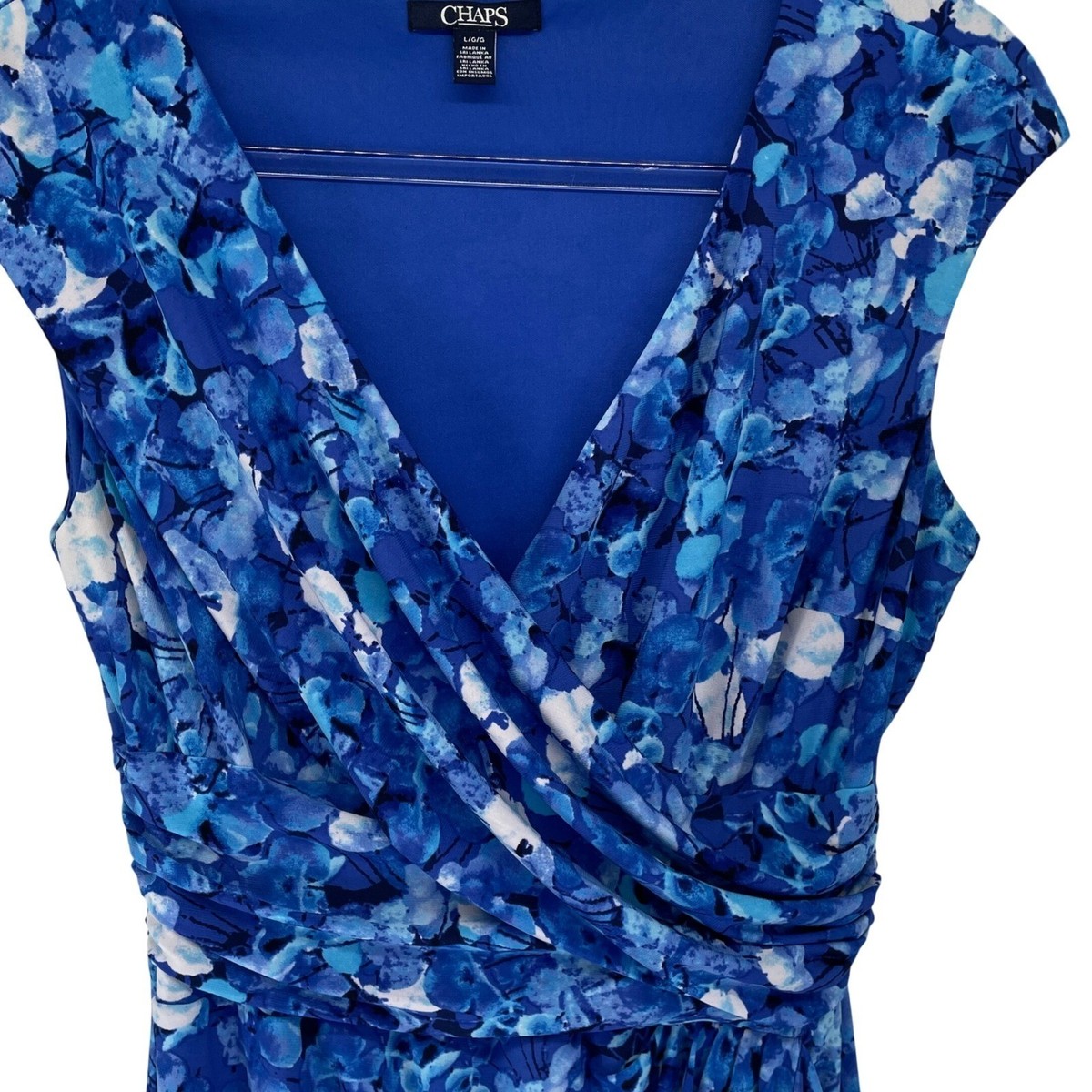 Chaps Women Blue Floral Print Cap Sleeve V Neck Ruched Sheath Midi Dress L  | eBay