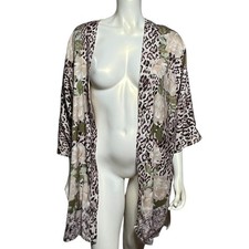 Leopard Print Floral Kimono Cardigan Cover Up Open Front Boho Beach Wrap Medium