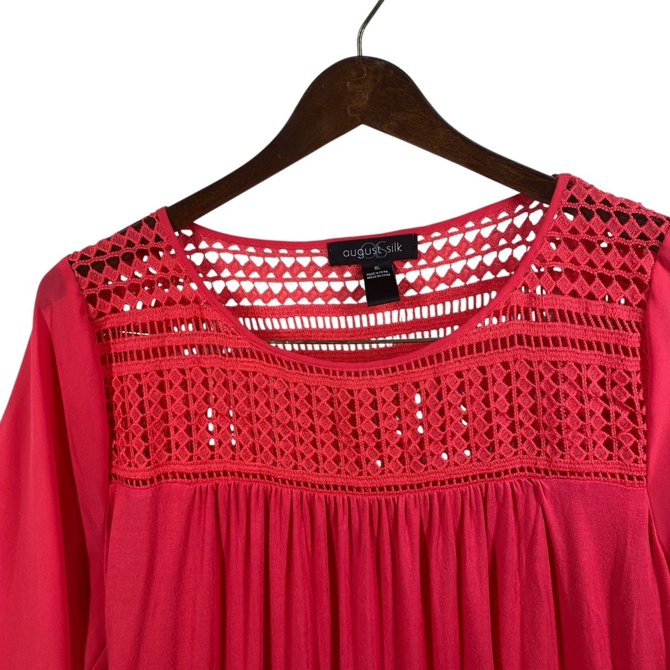 Túnica coral August Silk para mujer XL manga campana escote ganchillo Foto 4 de 4