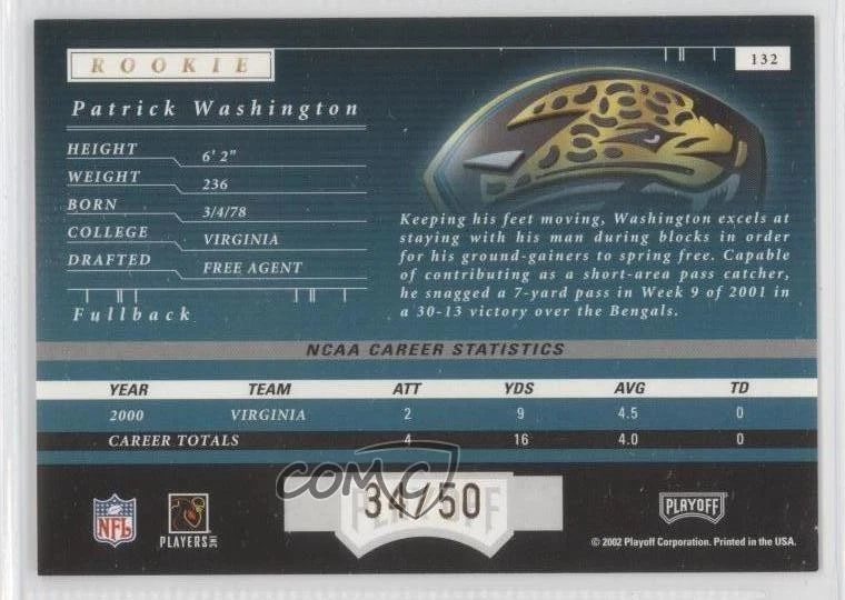 2001 Playoff Preferred National Treasures Gold /50 Patrick Washington Rookie RC - Image 2 of 2