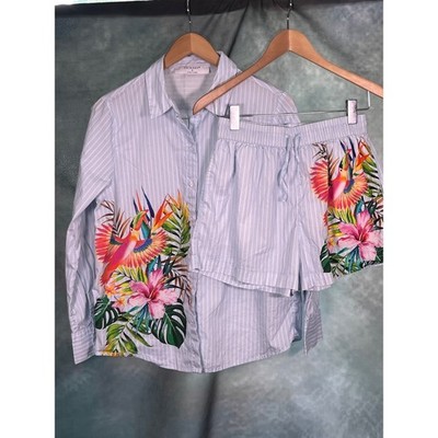 Primark Womens Blue White Striped Tropical Set Cover Up PJs Shirt Shorts Small
