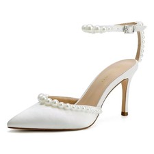 High Heel Wedding Shoes for Bride Pointed Toe Bridal Pearl Heels Ankle...