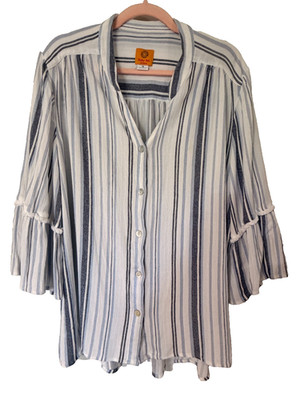 Ruby Rd Woman Striped Button Up Top Blue White Crinkle Bell Sleeve Plus Sz 1X