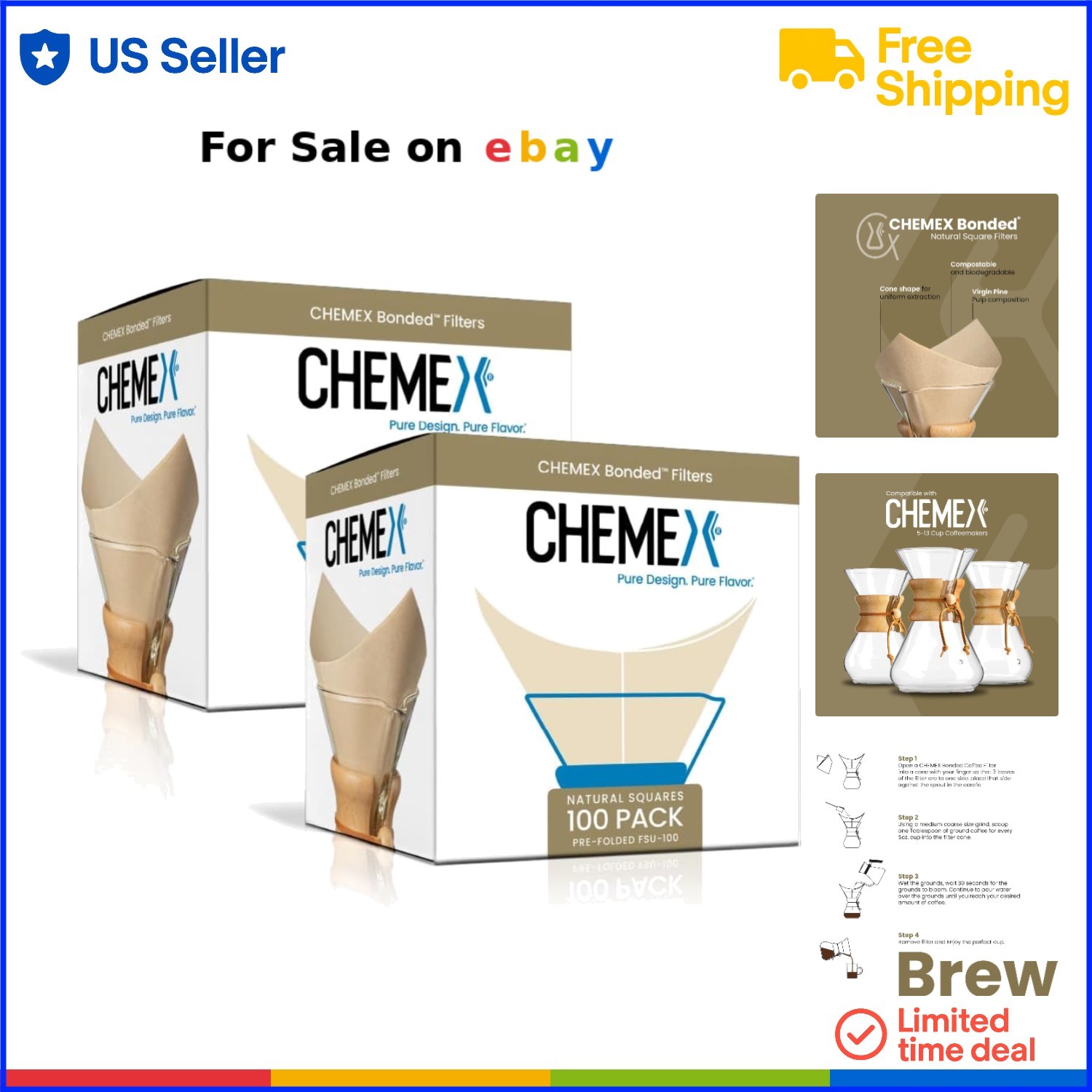 Coffee Filters Natural Square Pack of 200 Thick Eco-Friendly Brew Cleaner