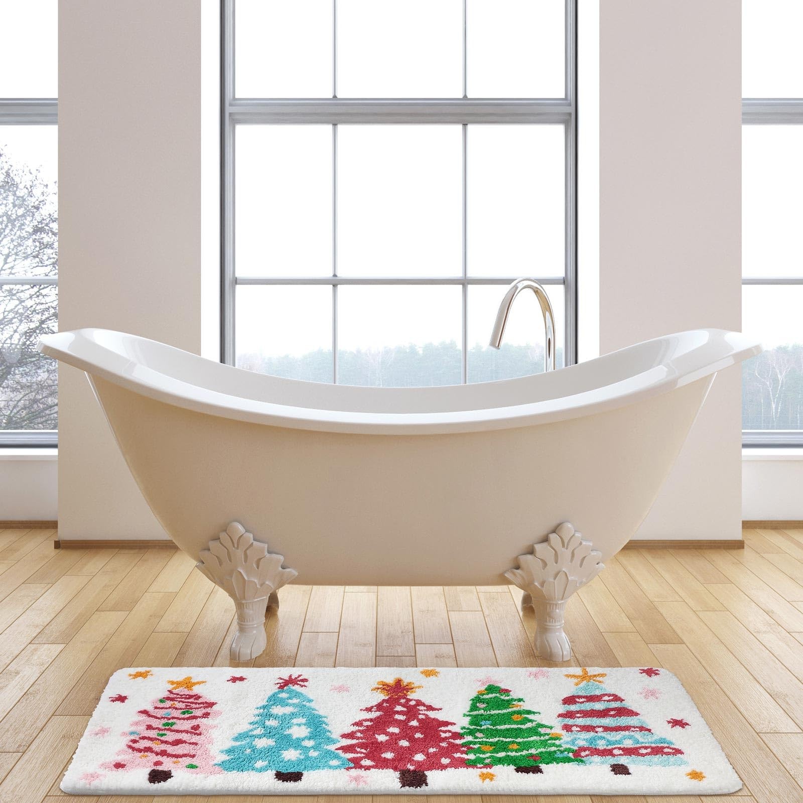 2 Pcs Christmas Bathroom Mat Set Soft Plush Pink Christmas Tree Bath Rugs Non...