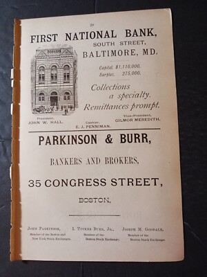 1891 print ad FIRST NATIONAL BANK Baltimore Maryland South Street John Hall  Prz
