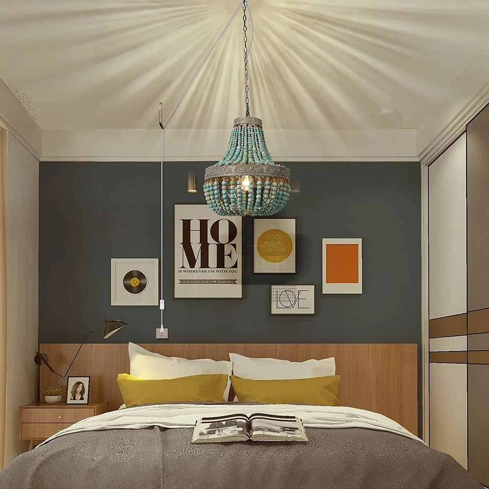 Lámpara de araña colgante de cuentas de madera enchufe de EE. UU. lámpara de iluminación accesorio de techo azul Foto 4 de 4