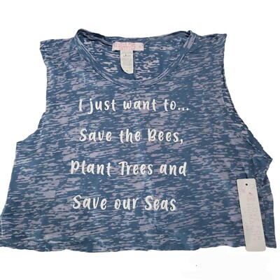 LOVE FOR HUMANITY COUTURE  XL Cropped sleeveless shirt blue save bees trees seas