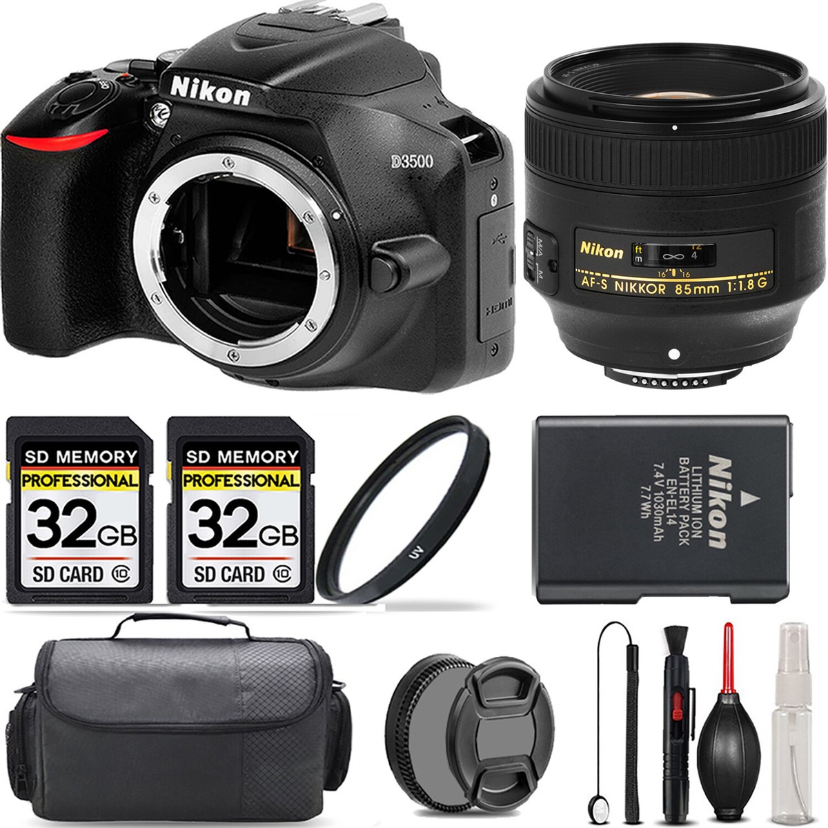 Nikon D3500 DSLR Camera (Body Only) 85mm Lens +UV Filter 64GB