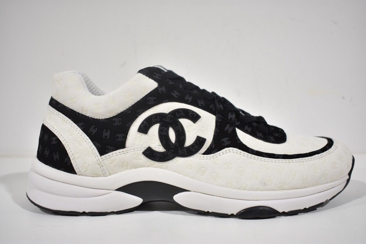 Chanel 22A Mens White Black Suede CC Logo Low Top Lace Up Trainer Sneaker  44 11
