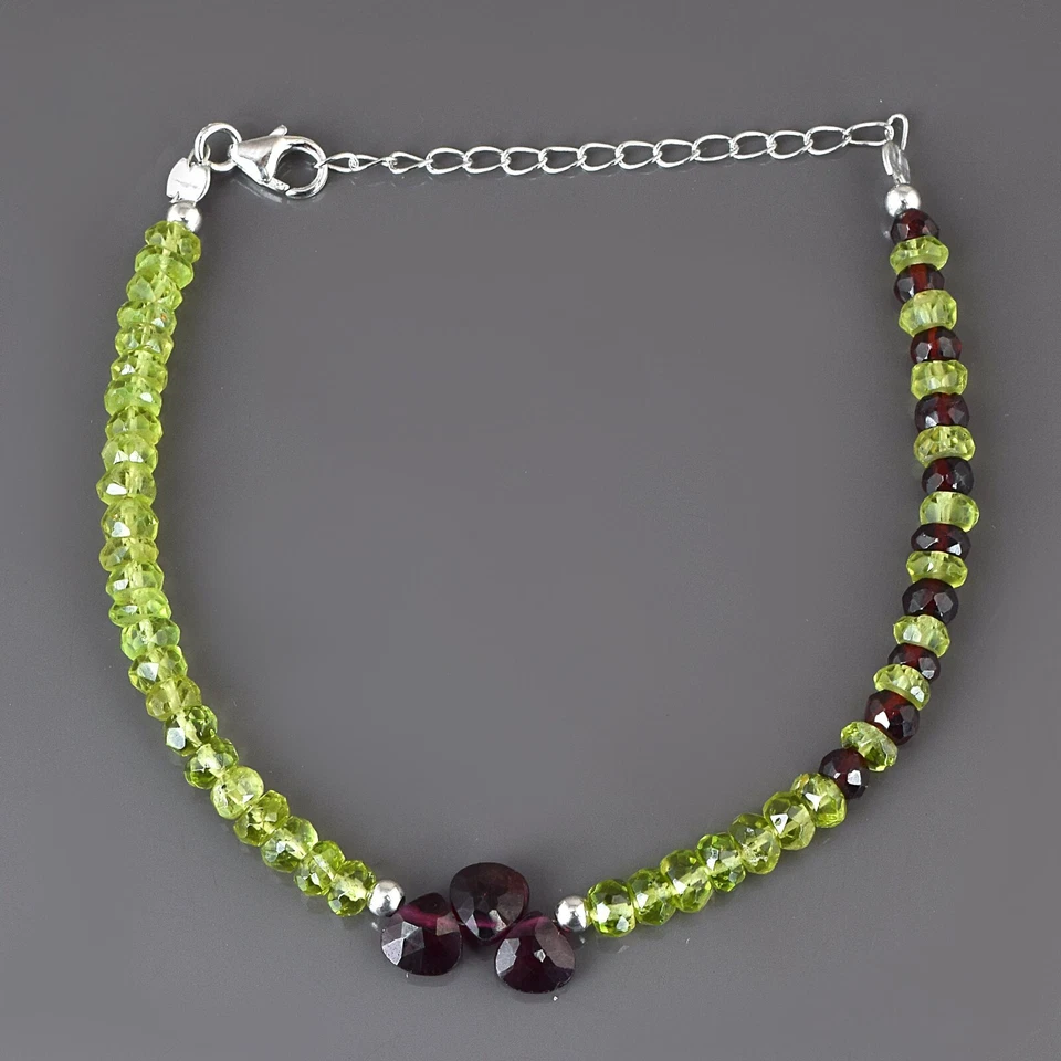 Mix Edelstein Natürlich Peridot & Granat Perlen 925 Sterlingsilber Damen Armband - Bild 3 von 4
