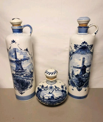 Vintage Lot of 3 Delft Blue Holland Bols Hand Painted Decanters Blankenheyms