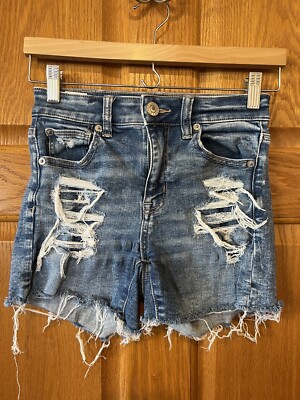 Bi45 American Eagle Hi Rise Shortie Distressed Denim Shorts Womens 00