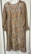Embroidered Tunic Sheer Lined Kurti beige side slits gauzy