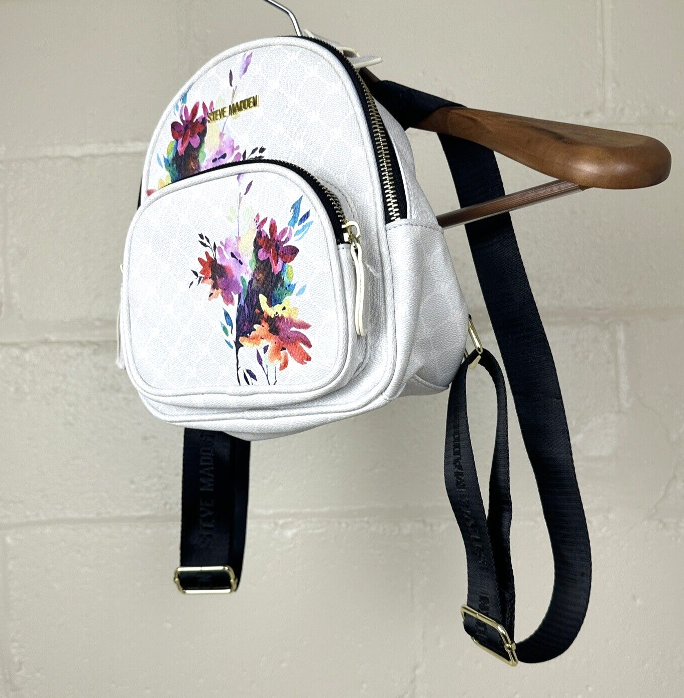 Steve Madden Mini Backpack Purse, White Floral Flowers, Faux Leather Bag