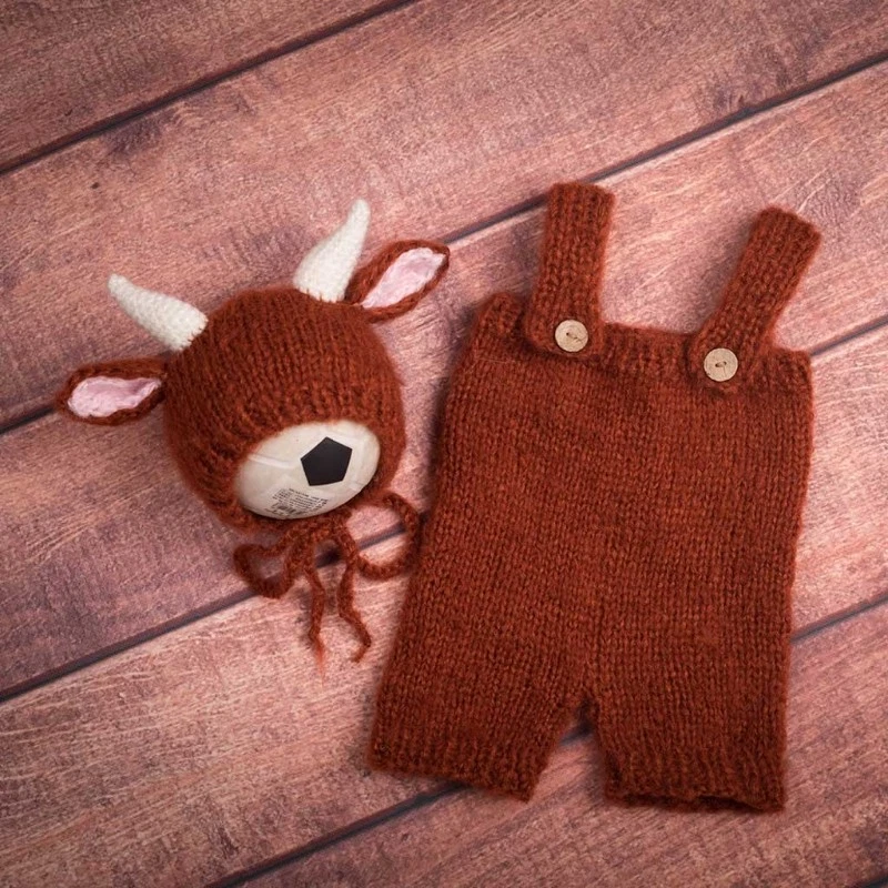 3 Pieces Fashionable Crochet Coffee Cow Newborn Baby Photography Prop Outfit Set