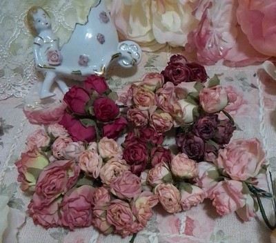 60 Vintage Silk Shabby Chic Roses Faux Dried Millinery Flowers Darice Crafts
