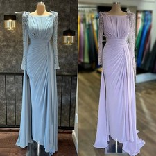 Lily Light Blue Prom Dress Round-Neck Chiffon with Beaded Embroidery Sleeves