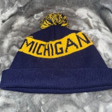 Michigan Wolverines Hat Beanie Mens One Size Navy Yellow NCAA Football Pom VTG