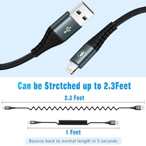 Zwinięty kabel Lightning 3ft nylon pleciony, 2-pak-3 stopy szary USB A do Lightning - Zdjęcie 2 z 8