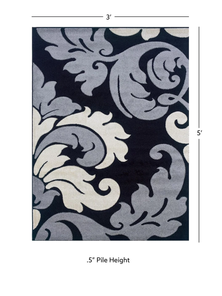 Linon Corfu Damask Frieze Yarn 3'x5' Rug in Black and Gray - Image 4 of 4