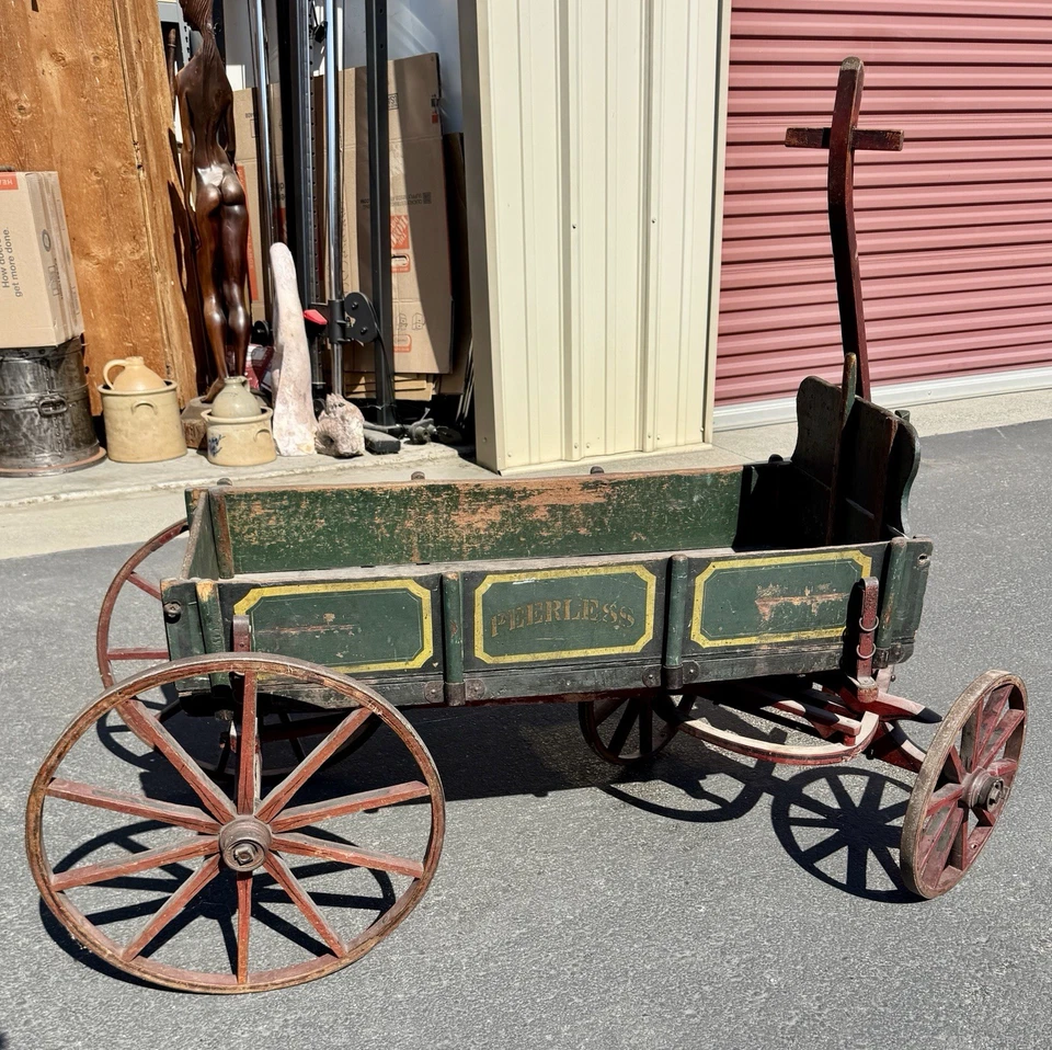 Antique Peerless Wooden Iron Wheel Pull Wagon 19th Century Primitive Goat Cart - Image 2 of 4