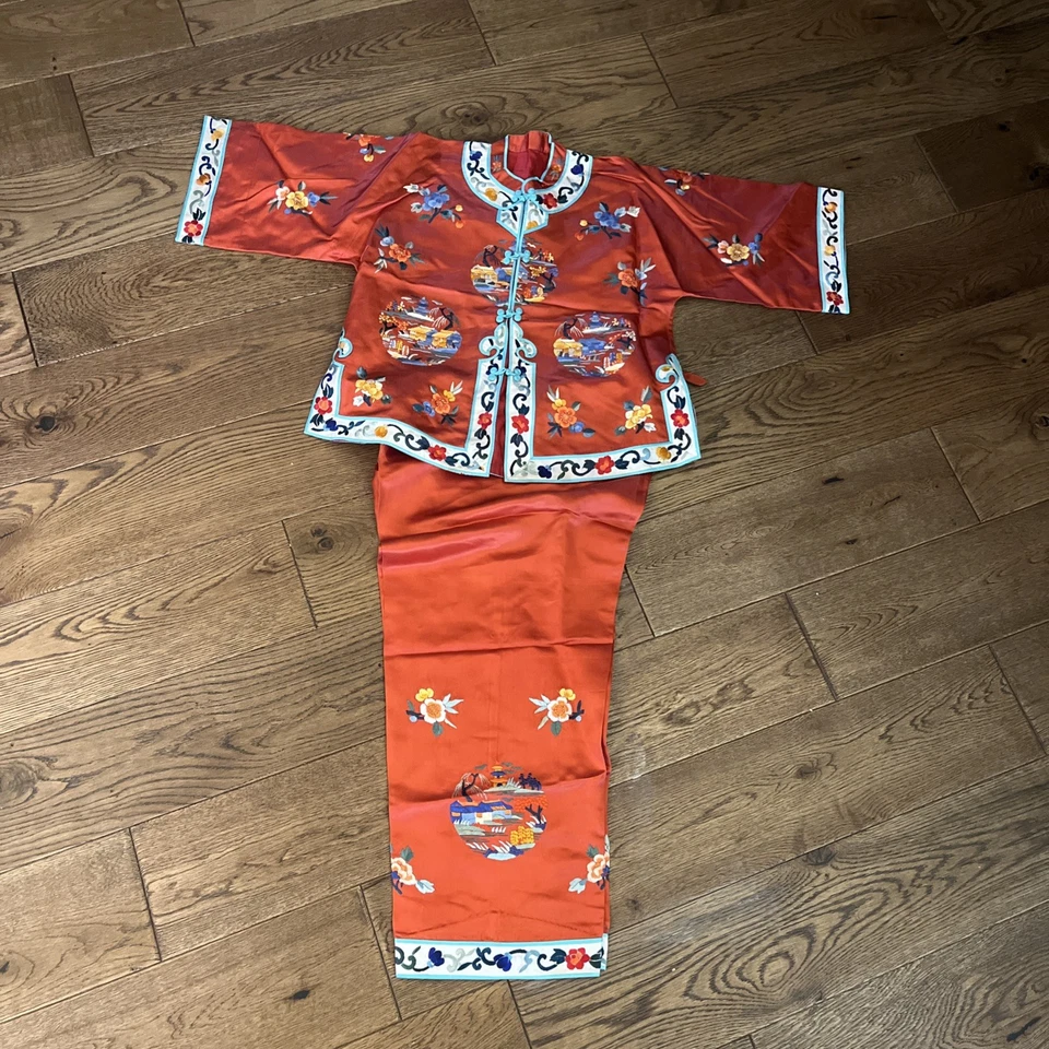 60's GoldB Red Hand Embroidered Silk Kimono children’s S/m unisex kimono/pants  - Image 3 of 4