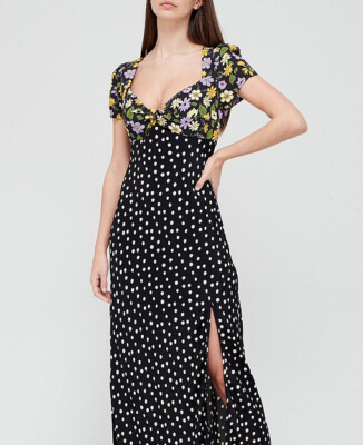V by Very Sleeve Detail Crepe Maxi Dress - Floral Polka Dot Spot UK Size 14