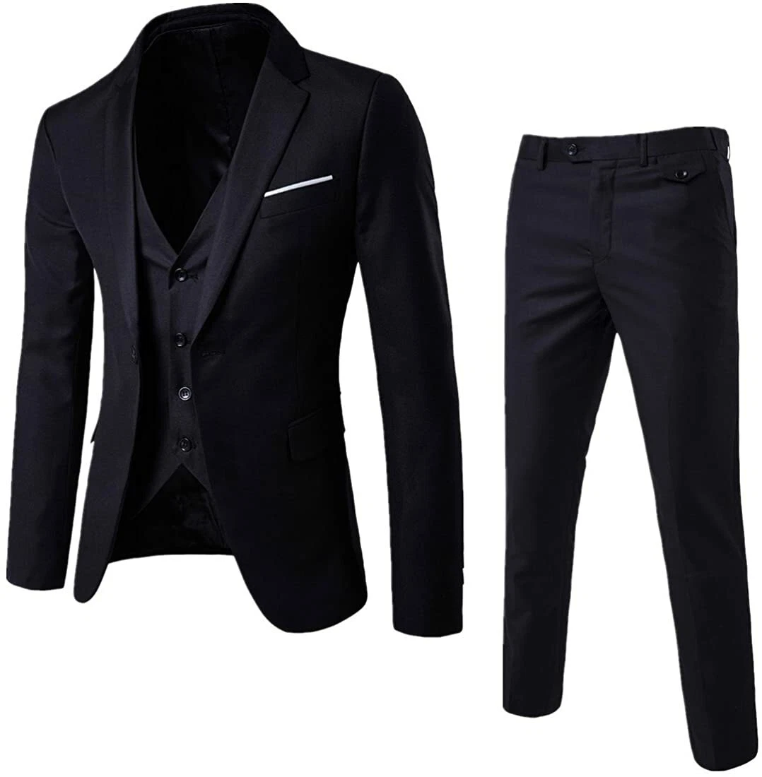 Amazon.com: Men Casual 3 Piece Suit Set 2 Button Slim Fit Formal Blazer  Suits Lapel Stylish Business Party Jacket Vest Pants (Dark Blue,Medium) :  Clothing, Shoes & Jewelry