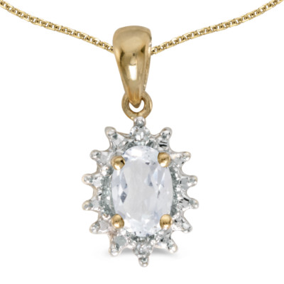 10k Yellow Gold Oval White Topaz And Diamond Pendant with 16'' Chain