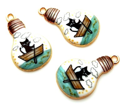 10 Enamel Kitty Cat Paddle Boat Bulb Shaped Gold Bead Drop 28mm Charms Pendants