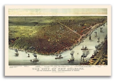 Bird's Eye View 1885 New Orleans Louisiana Vintage Style City Map - 24x36