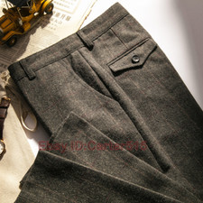 Men's Retro British Wool Herringbone Casual Pants Loose Plaid trousers Plus Size
