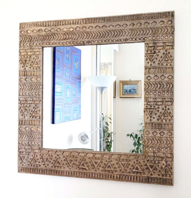 Quadratischer Holzspiegel, geschnitztes Azteken-Design, handgefertigt in Indien 46,5 cm NEU