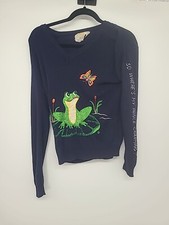 Vintage 1970s Fun Embroidered Sweater Shirlee Design, Frog Print Med. Retro