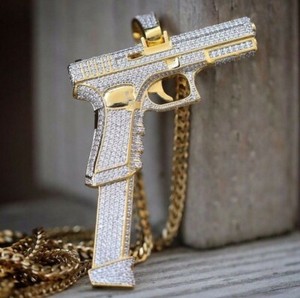 Authentic 3.63 ct Moissanite Men's Pistol Hand Gun Pendant 14k Yellow Gold Plated Silver