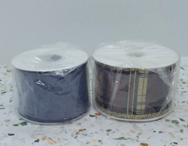Home Interiors and Gifts Two New Spools Ribbon Wire Edge Blue, Plaid Gold Trim - Image 2 of 4