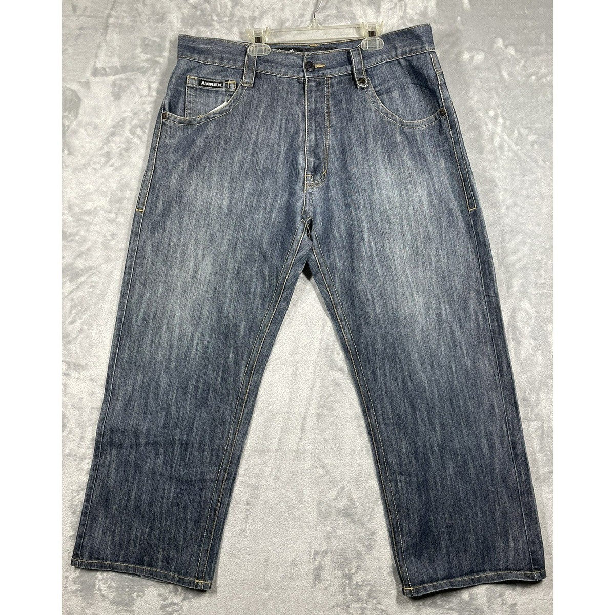Avirex Mens Relaxed Fit Wide Leg Blue Denim Jeans 38x29 Vertical