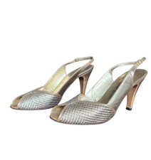 Vtg Bruno Magli for Saks Fifth Avenue Gold Woven Peep Toe Slingback Heels Size 8